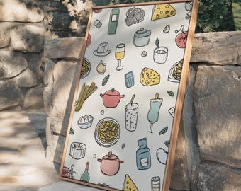 Cute Food Wall Art Print, Hand Drawn Style Kitchen Print with Wine, Cheese, Pasta, Tomato, Pizza and Dessert, Whimsical Italian Cuisine Art