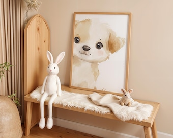 May include: A white plush bunny rabbit with long legs sits on a wooden bench with a white faux fur throw. A framed watercolor painting of a brown and white puppy with big eyes hangs on the wall behind the bench.
