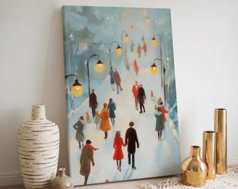Winter Ice Skating Scene Art Print, Snowy Park Painting, Impressionist Winter Landscape Art, Cozy Holiday Home Decor, Christmas Gift Art
