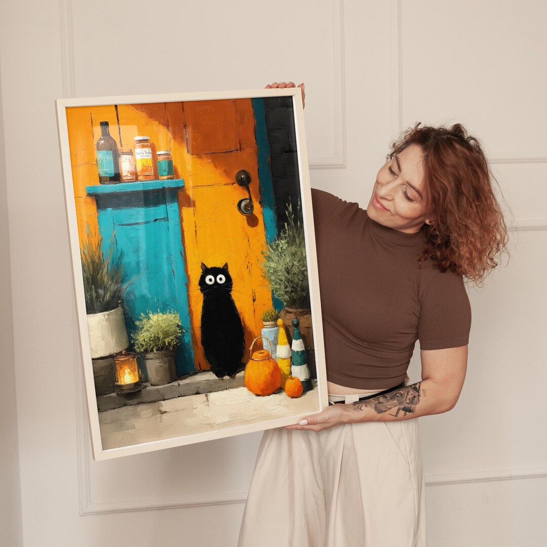 Cute Black Cat and Pumpkin Art Print, Halloween Fall Wall Decor, Rustic ...