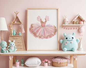 Cute Watercolor Ballerina Wall Art Print, Pink Tutu Dress, Ballet Nursery Decor, Girl Bedroom Artwork