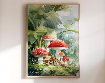 Whimsical Mushroom House Painting Print, Watercolor Enchanted Forest Wall Art, Cottagecore Fantasy Woodland Decor, Fairy Tale Home Decor