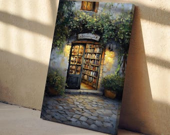 Cozy Bookstore Painting Print | Vintage Bookshop Wall Art | Sunny Library Wall Decor | Literary Art | Garden Bookshop Art | Book Lover Gift