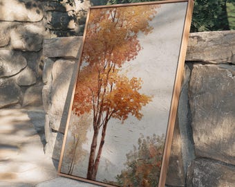 Autumn Tree Wall Art Print, Fall Landscape Painting, Rustic Nature Art, Cozy Fall Decor, Warm Toned Autumn Forest Painting for Living Room