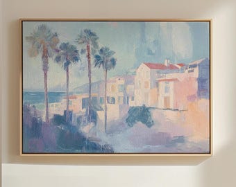 May include: A painting of a coastal scene with palm trees and houses in the background. The sky is a soft blue with hints of pink and purple. The houses are painted in shades of white and pink, and the palm trees are a vibrant green.