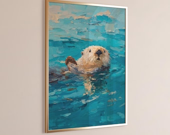 Cute Otter Painting Print, Sea Otter in Ocean, Coastal Animal Decor, Marine Life Wall Art, Nautical Ocean Wildlife Art for Beach House
