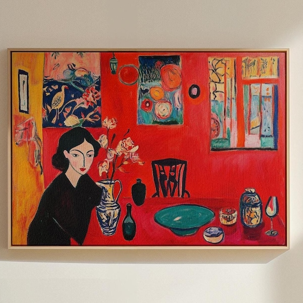 Lámina artística roja: impresión de pintura al óleo abstracta vintage, decoración de pared moderna de mediados de siglo para sala de estar o galería.