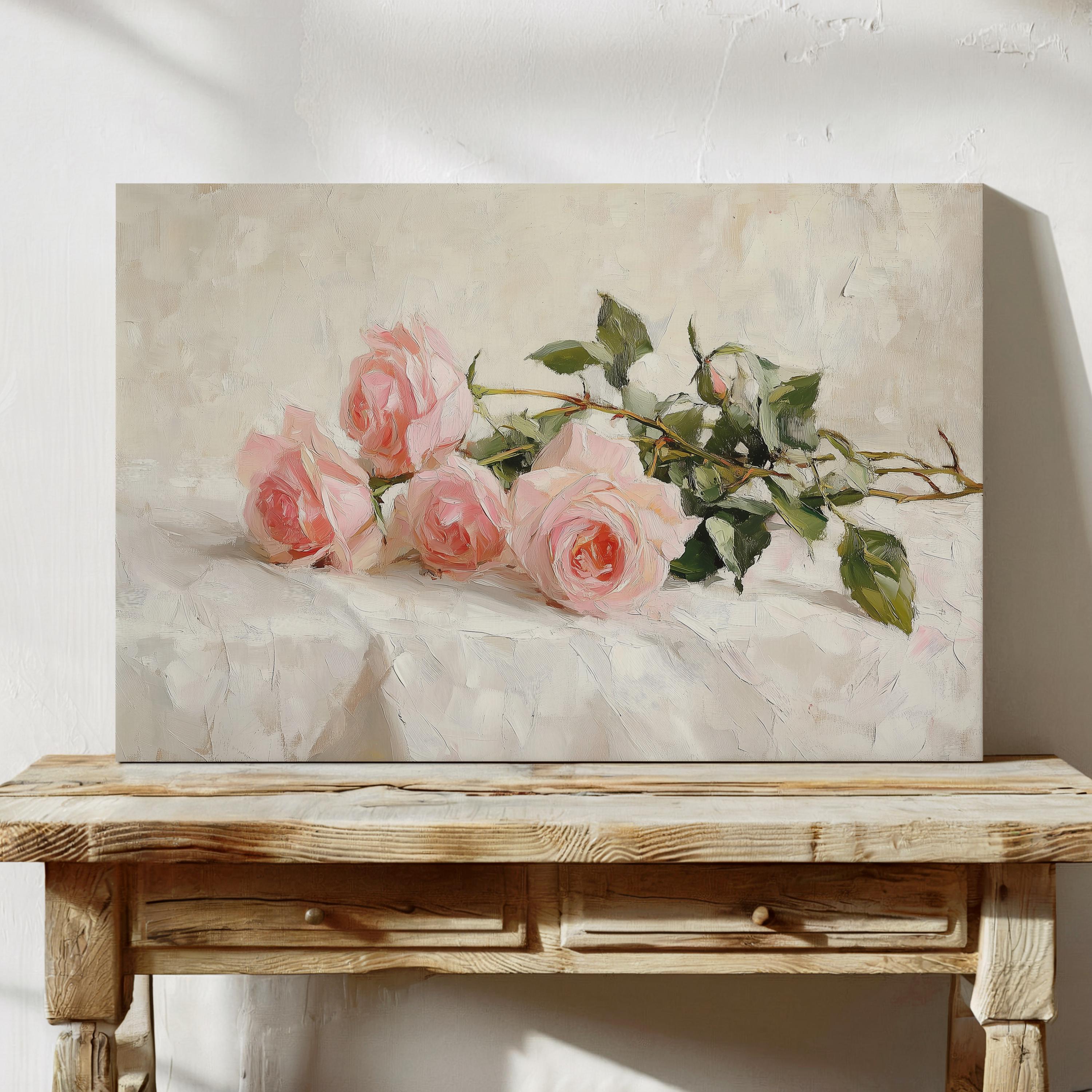 Pink Roses Painting Wall Art | Vintage Floral Art | Floral Oil Painting ...