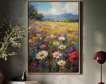May include: A painting of a field of wildflowers in various shades of pink, purple, white, and yellow. The flowers are in the foreground, with a distant mountain range in the background. The sky is blue with white clouds.