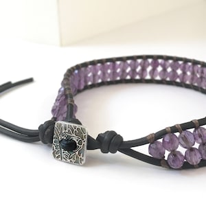 Amethyst Wrap bracelet Gemstones and Leather bracelet Double row Amethyst beads