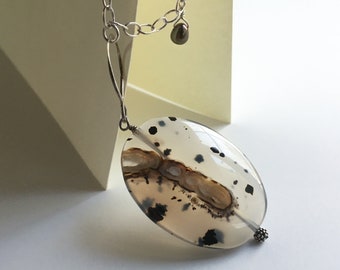 Montana Agate Pendant Necklace on Sterling Silver Chain, Pearl and Opaline Accents, 12" long, Sterling Lobster Claw Clasp