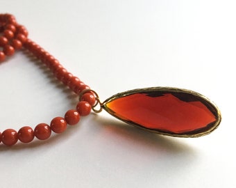 Carnelian Gemstone Pendant on Red Coral Long Necklace, Measures 18" long, Pendant is 1 1/2" long, Vermeil Lobster Clasp
