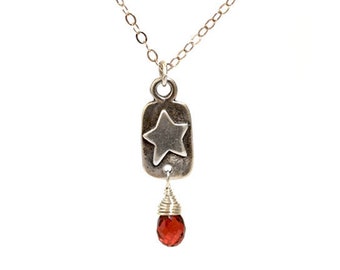 Garnet Dangle Star Charm Necklace on Fine Silver Chain   Delicate Simple