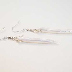 Pearls on Chains, Stick Pearls, White and Silver, Pearl Dangle Earrings, Long Pearl Earrings image 4