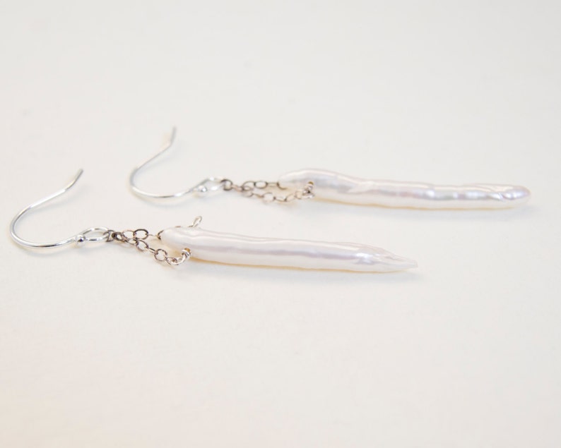 Pearls on Chains, Stick Pearls, White and Silver, Pearl Dangle Earrings, Long Pearl Earrings image 4