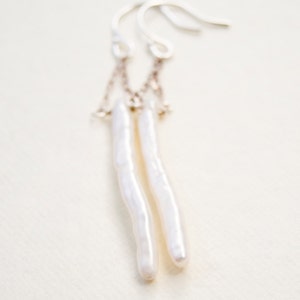 Pearls on Chains, Stick Pearls, White and Silver, Pearl Dangle Earrings, Long Pearl Earrings image 2