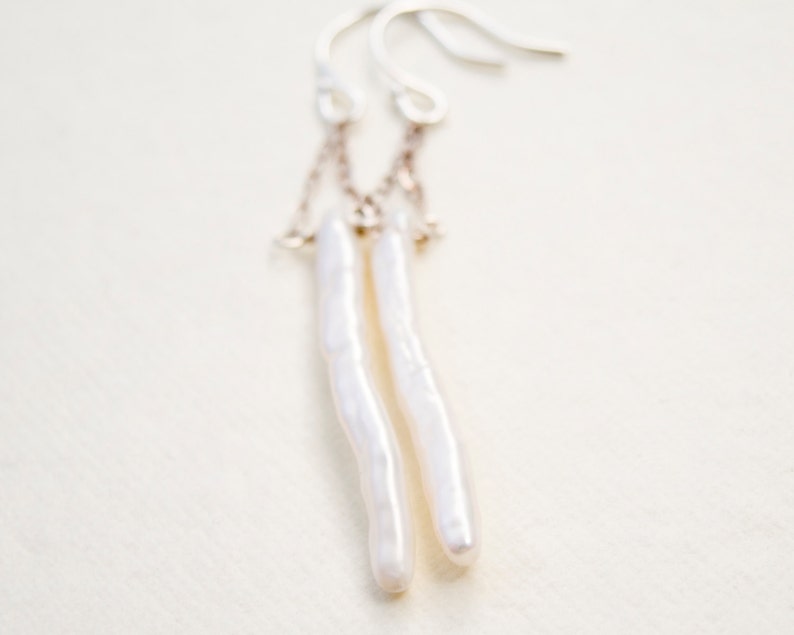 Pearls on Chains, Stick Pearls, White and Silver, Pearl Dangle Earrings, Long Pearl Earrings image 2