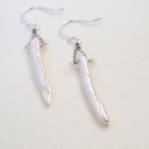 Pearls on Chains, Stick Pearls, White and Silver, Pearl Dangle Earrings, Long Pearl Earrings image 5