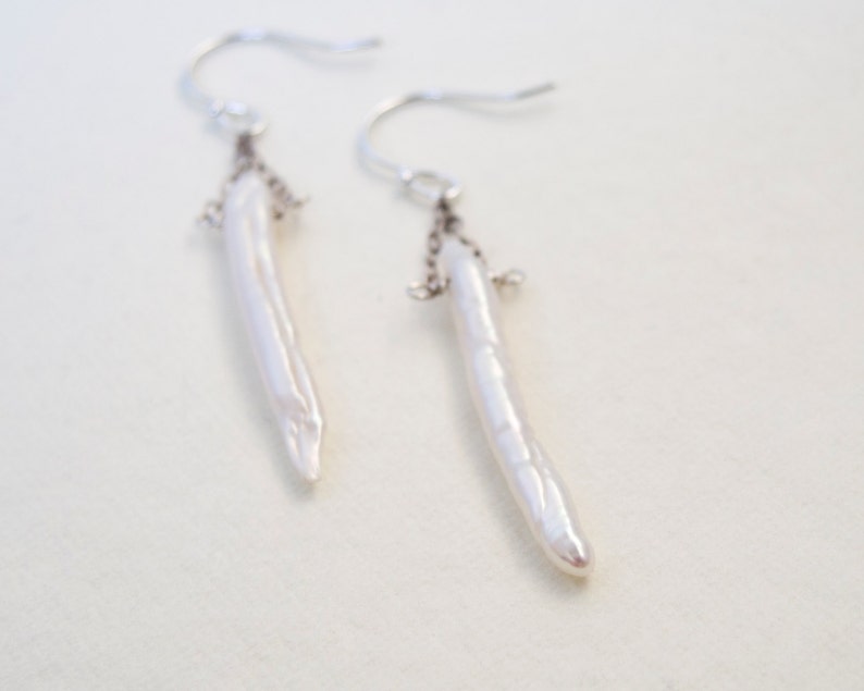 Pearls on Chains, Stick Pearls, White and Silver, Pearl Dangle Earrings, Long Pearl Earrings image 5