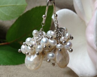 White Pearl Cluster Earrings with Off White Sapphire Teardrops, Gift for Her. Bride's Jewelry. Wedding Earrings