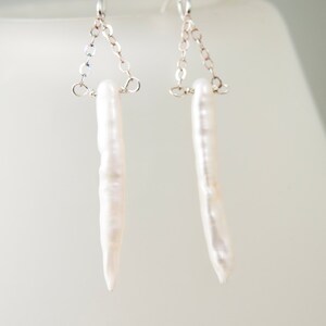 Pearls on Chains, Stick Pearls, White and Silver, Pearl Dangle Earrings, Long Pearl Earrings image 3
