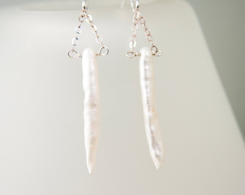 Pearls on Chains, Stick Pearls, White and Silver, Pearl Dangle Earrings, Long Pearl Earrings image 3