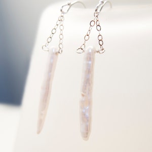 Pearls on Chains, Stick Pearls, White and Silver, Pearl Dangle Earrings, Long Pearl Earrings image 1