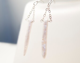 Pearls on Chains, Stick Pearls, White and Silver, Pearl Dangle Earrings, Long Pearl Earrings