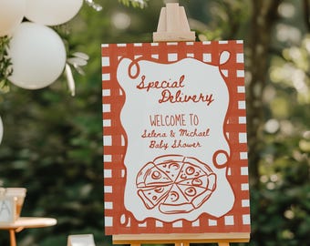 Pizza Baby Shower Welcome Sign: Special Delivery Theme (Digital Download Canva Template)