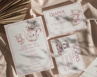 Pink Wildflower Tea Party Baby Girl Baby Shower Invitation Bundle (Digital Template)