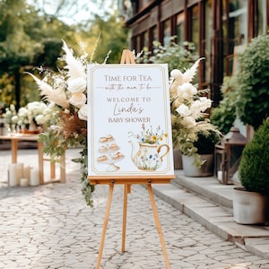 Cartello di benvenuto per baby shower con fiori di campo vintage. È ora del tè con la mamma. Modello digitale per baby shower per la futura mamma. Un bambino sta per nascere.