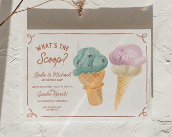 "Eiscreme Gender Reveal Einladung: Bearbeitbare ""What's the Sco"" Vorlage (Digitaler Download)"