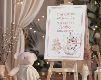PINK Wildflower Tea Party Baby Shower Welcome Sign: Editable Template (Digital Download)