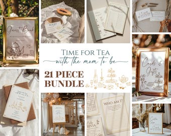 Whimsical Hand Drawn Tea Party Baby Shower Invitation 22 Piece Bundle (Digital Template)