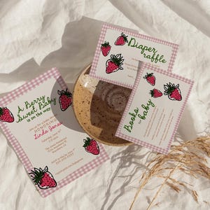 Invito modificabile per baby shower con tema "Berry Sweet Baby" / Modello di invito per baby shower con tema "Fragola" / Baby shower con tema "Frutta" / Baby shower con tema "Picnic con frutti di bosco"