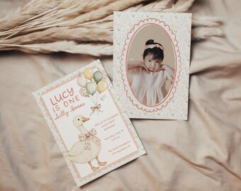 Invito per il primo compleanno di Silly Goose: tema ragazza vintage (modello Canva modificabile, download digitale 5x7)
