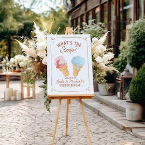 Eiscreme Gender Reveal Willkommensschild | Was ist die Sschaufel bearbeitbare Vorlage | Hier geht's zum Knäuel | Pink oder Blau Mädchen oder Junge Willkommen | Babyparty