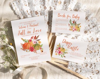 Fall Baby Shower Invitation Set: Autumn Leaves, Pumpkins (Canva Editable Template)