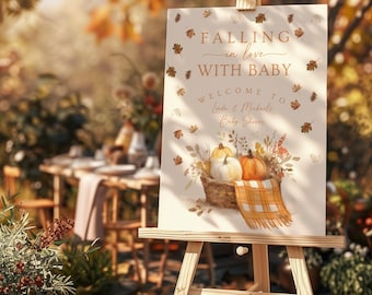 Fall Baby Shower Welcome Sign: Pumpkins & Leaves Canva Template (18x24 + 24x36)