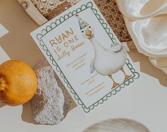 One Silly Goose Birthday Invitation: Vintage 1st Birthday, Editable Canva Template (Digital Download)