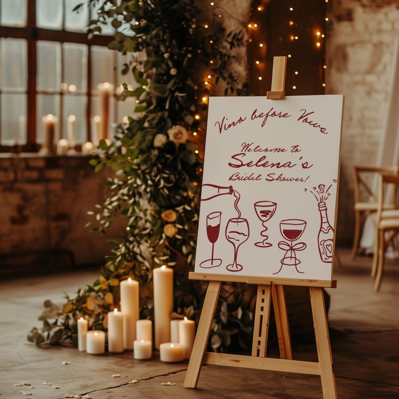 May include: A white sign on a wooden easel with the text "Vino before Vows" and "Welcome to Selena's Bridal Shower!" in burgundy script. Wine glasses and a bottle are illustrated below the text. The scene is decorated with candles and greenery.