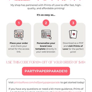 Pu&ograve; includere: Grafica promozionale con il testo "NEED TO PRINT?" e istruzioni per ordinare stampe. Include un codice sconto "PARTYPAPERPARADE10" per il 10% di sconto sugli ordini superiori a &euro;49. I passaggi sono illustrati con icone e brevi descrizioni.