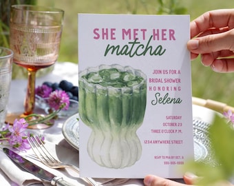 She Met Her Matcha Bridal Shower Invitation: Watercolor Green Tea (Digital Template)