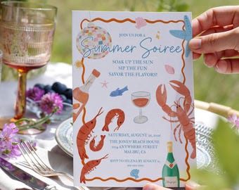 Invitación a una velada de verano costera: Fiesta de mariscos dibujada a mano (plantilla de Canva, 5x7)