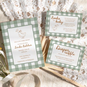 Goose Baby Shower Invitation Bundle, Classic Baby Shower Invite, Boy Baby Shower, Green Gingham Plaid Baby Boy Shower Editable Template
