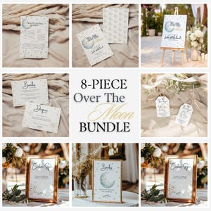 May include: An 8-piece baby shower printable bundle featuring a moon and stars theme. The bundle includes a welcome sign, a book request sign, a custom sign, a diaper raffle sign, a thank you tag, and a guest book sign. The signs are decorated with watercolour illustrations of a moon, stars, and clouds.