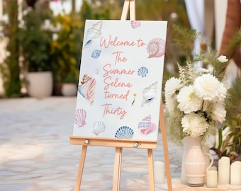 Letrero de bienvenida de cumpleaños costero: Tema de playa de verano (Plantilla editable de Canva)