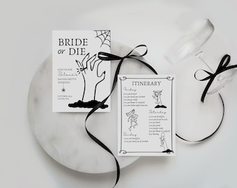 Pode incluir: Dois cartões brancos com ilustrações e texto pretos, amarrados com uma fita preta. Um cartão diz "Bride or Die" com uma mão emergindo do chão. O outro cartão é um itinerário com desenhos de desenhos animados. Um copo transparente com uma fita preta também está presente.