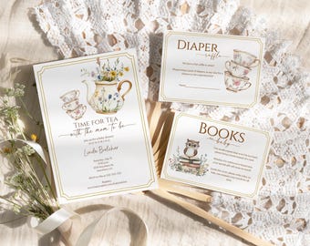 Vintage Wildflower Tea Party Baby Shower Invitation Bundle Time for Tea with the Mom Mum to Be Shower Digital Template A baby is Brewing
