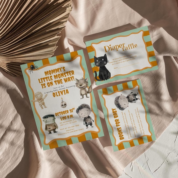 Invitaciones para baby shower de Halloween: El pequeño monstruo de mamá (descarga digital, plantilla de Canva)